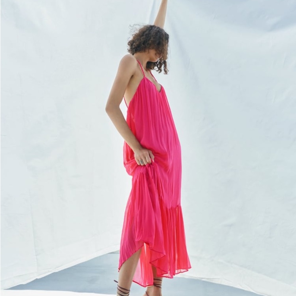 ZARA Fuchsia RIBBED DRESS VOLUMINOUS DRESS WITH BRAIDED STRAPS - Picture 9 of 16